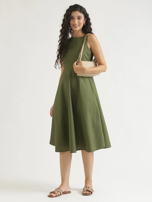 Women Forest Green Better Cotton Flared Dress