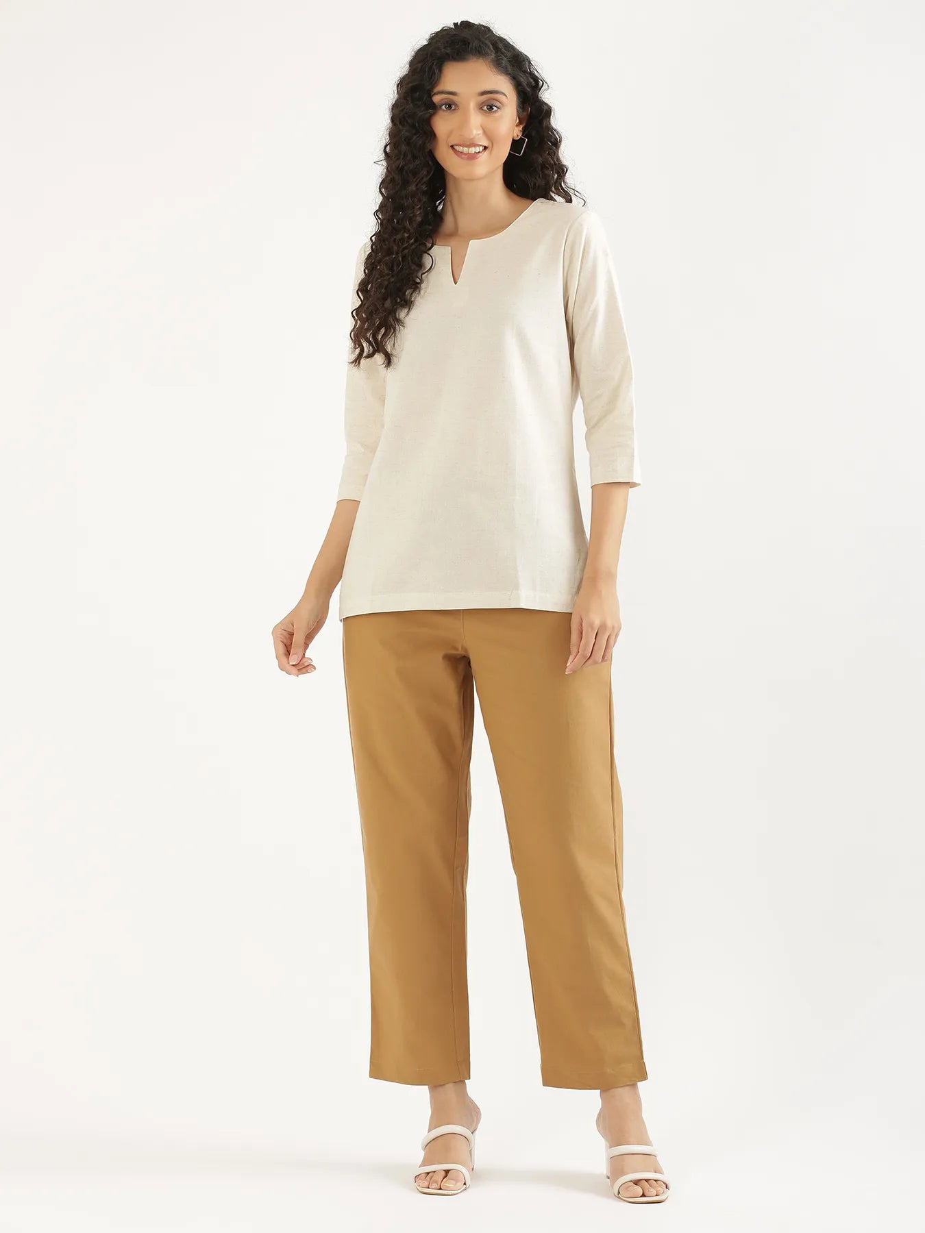 Women Coffee Brown Cotton Straight Pant