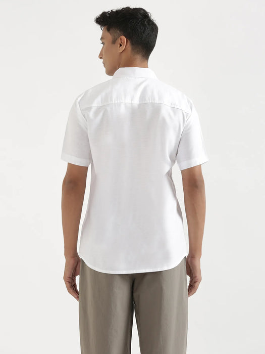 Men White Linen Blend Short Sleeve Shirt