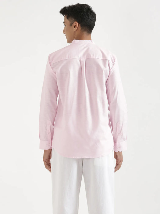 Men Blush Pink Linen Blend Mandarin Collar Shirt
