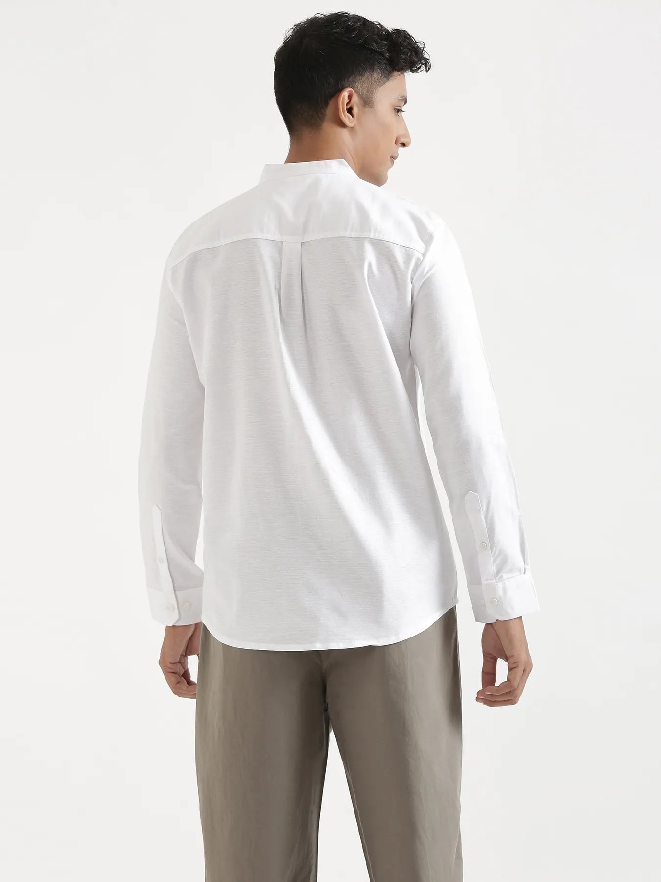 Men White Linen Blend Mandarin Collar Shirt
