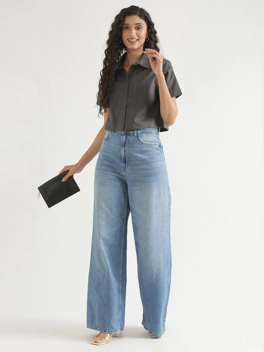 Women Dark Grey Better Cotton Crop Shirt