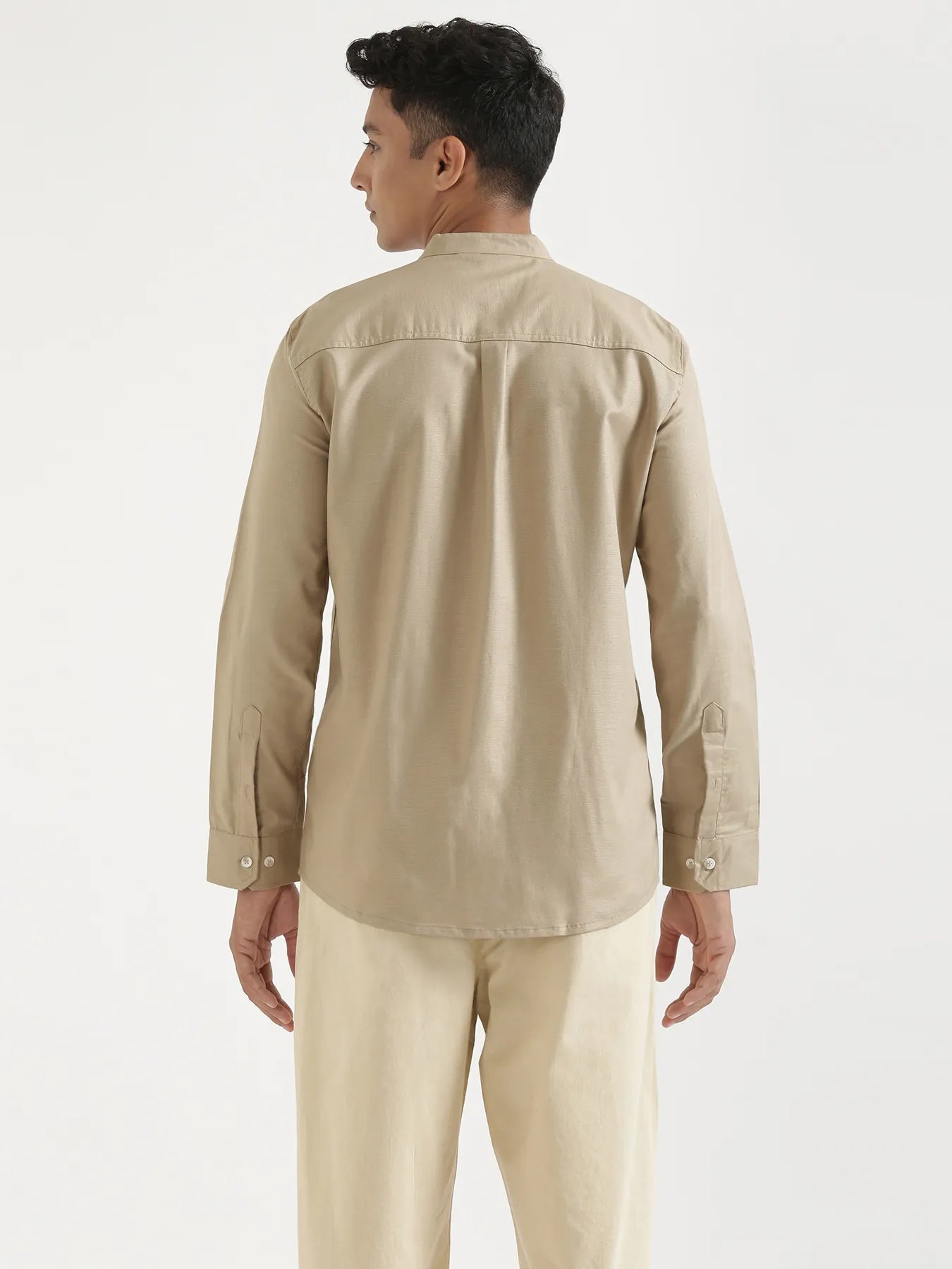 Men Taupe Linen Blend Mandarin Collar Shirt