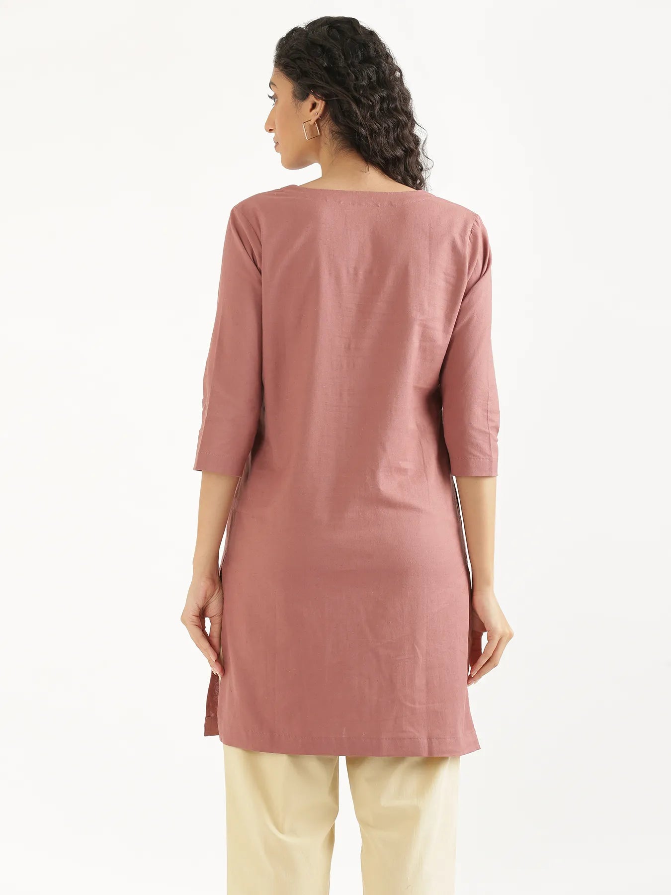 Women Rose Taupe Airy Linen Mid Thigh Length Kurta