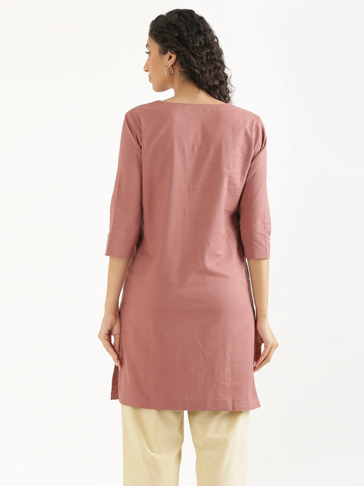 Women Rose Taupe Airy Linen Mid Thigh Length Kurta