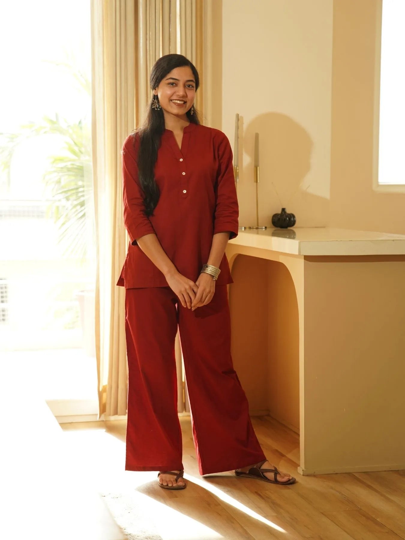 Maroon Airy Linen Short Kurta Co-ord Set
