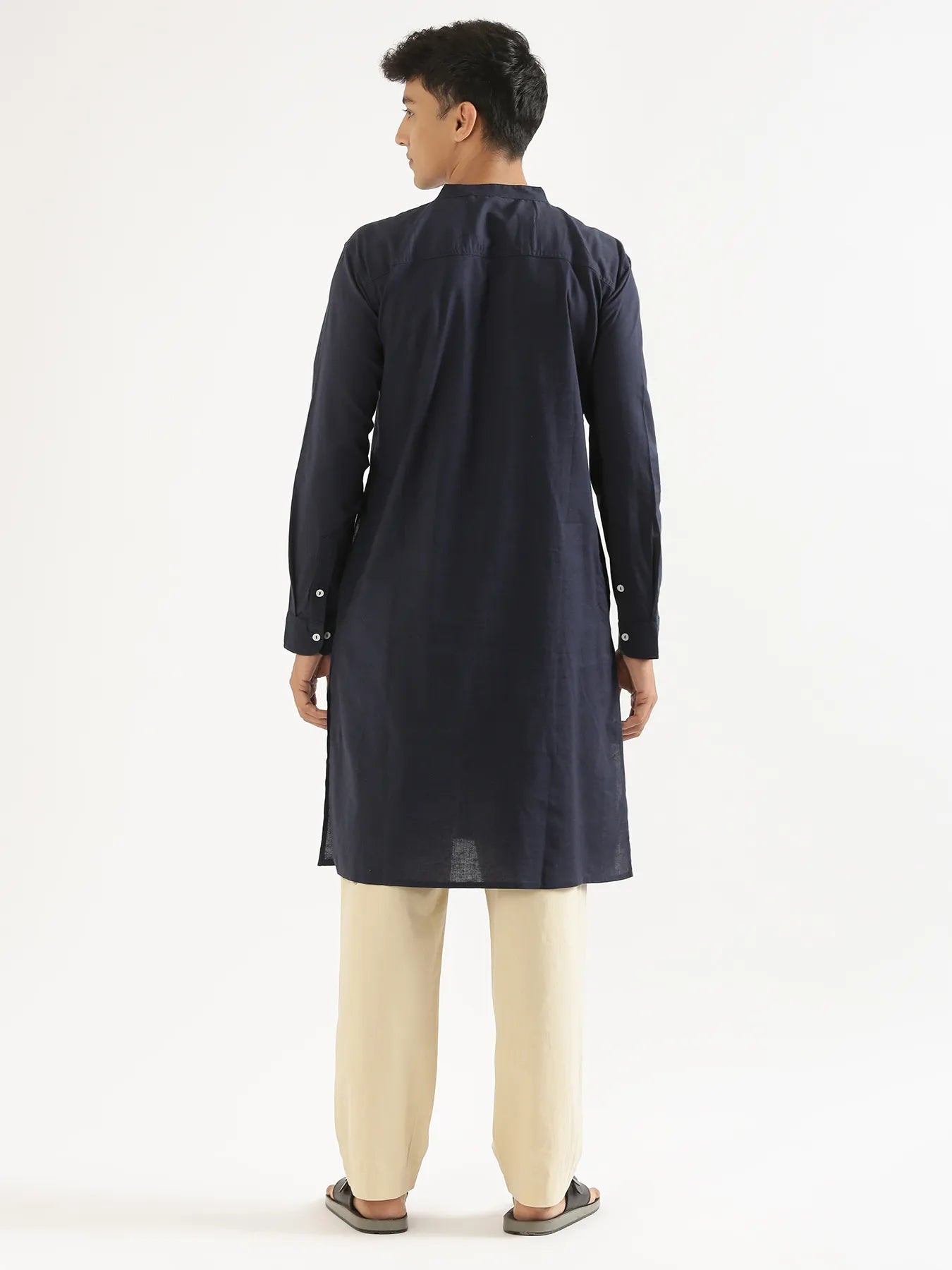 Men Navy Blue Airy Linen Long Kurta
