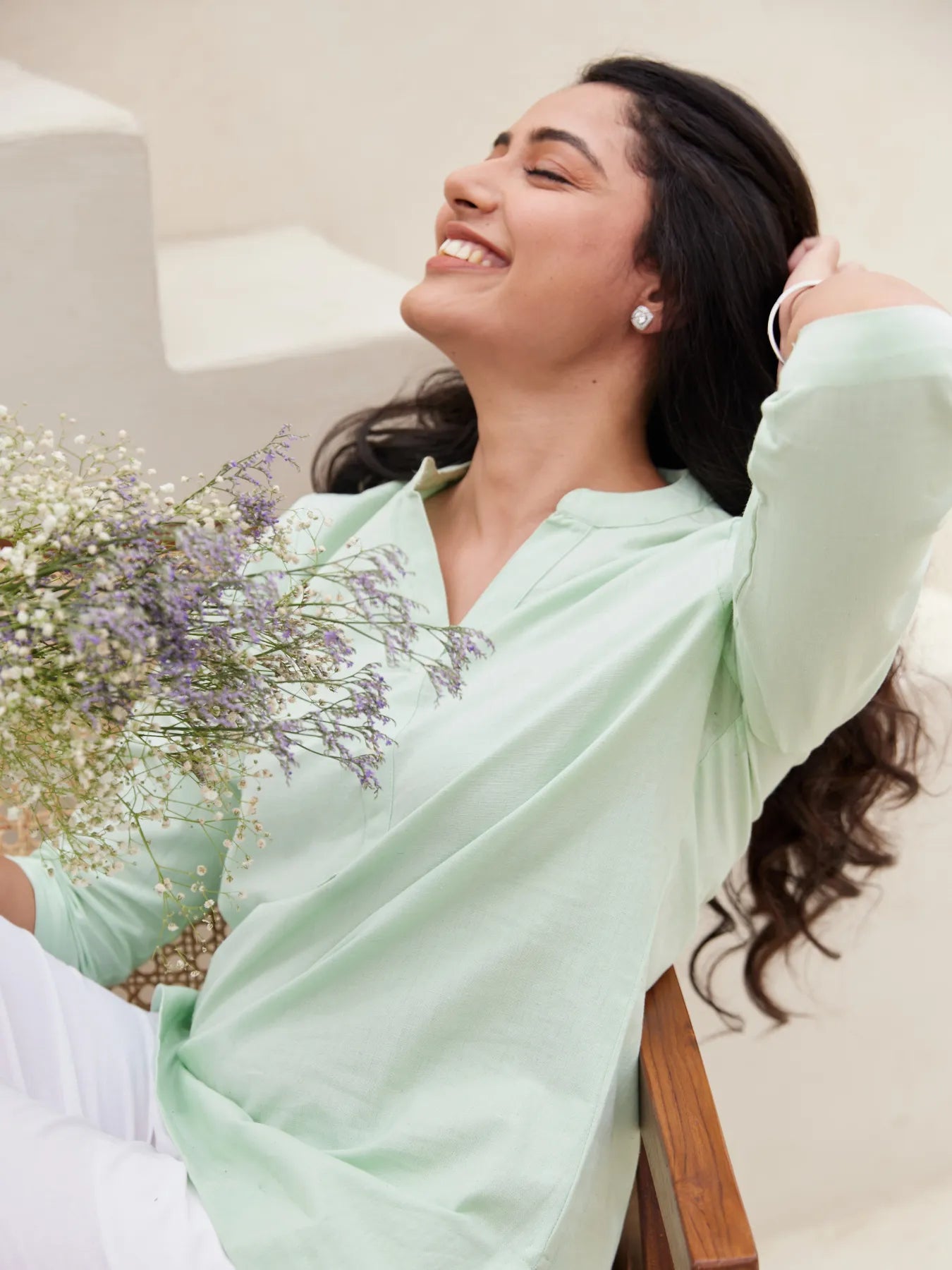 Mint Green Short Kurta with White Cotton Pant