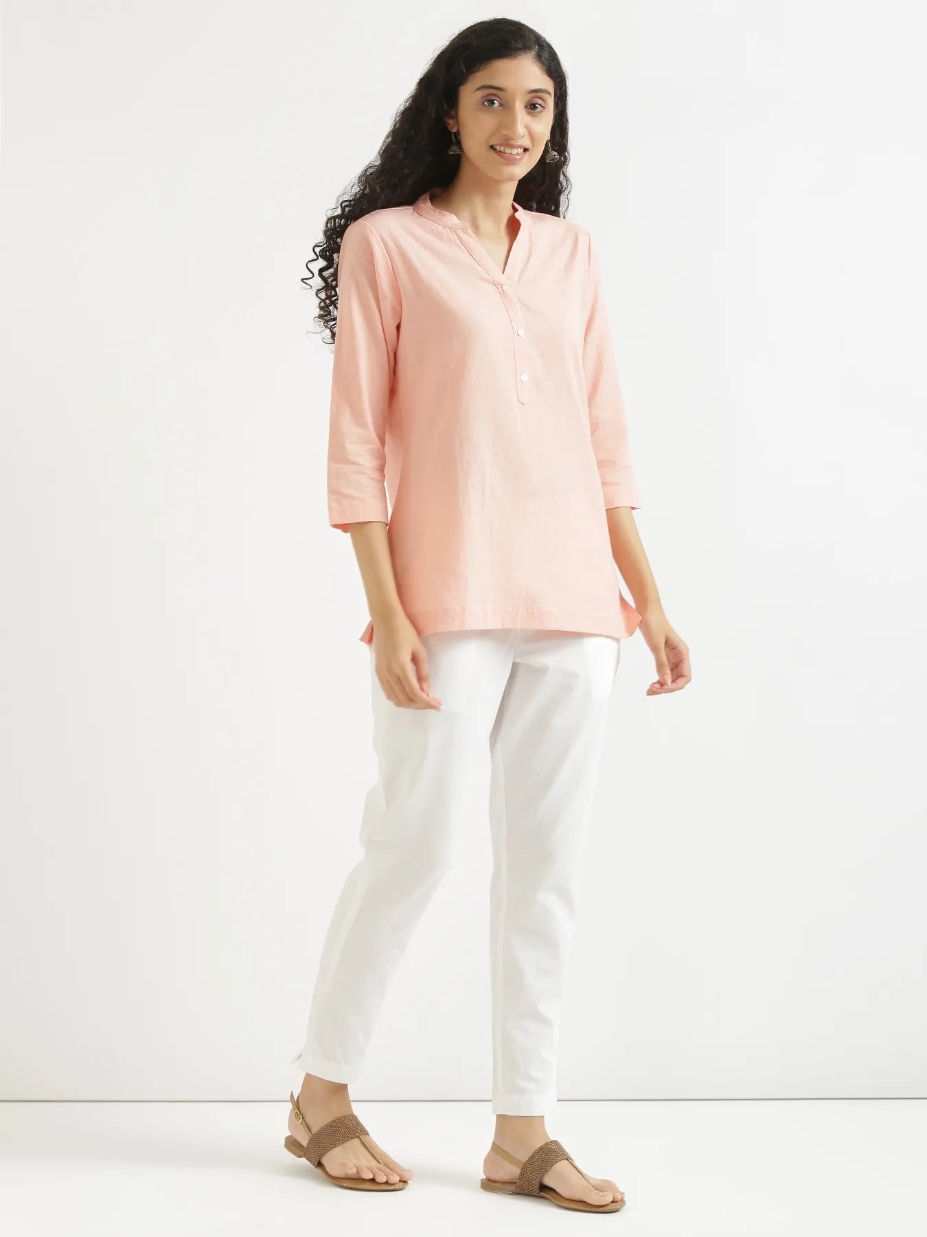 Women Peach Airy Linen Short Kurta