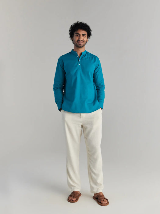 Men Teal Airy Linen Short Kurta