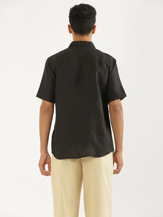 Men Black Pure Linen Short Sleeve Shirt