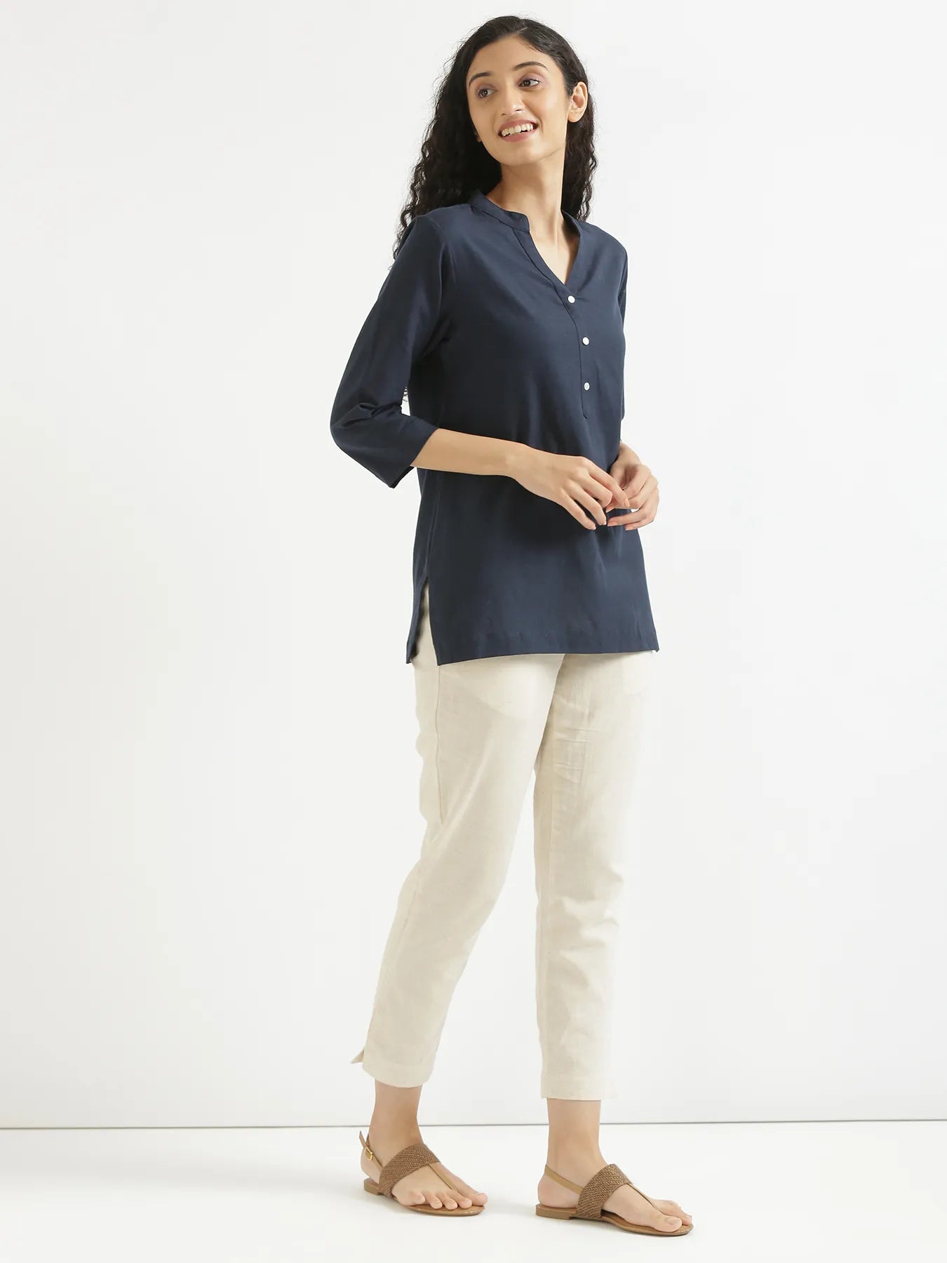 Women Navy Blue Airy Linen Short Kurta