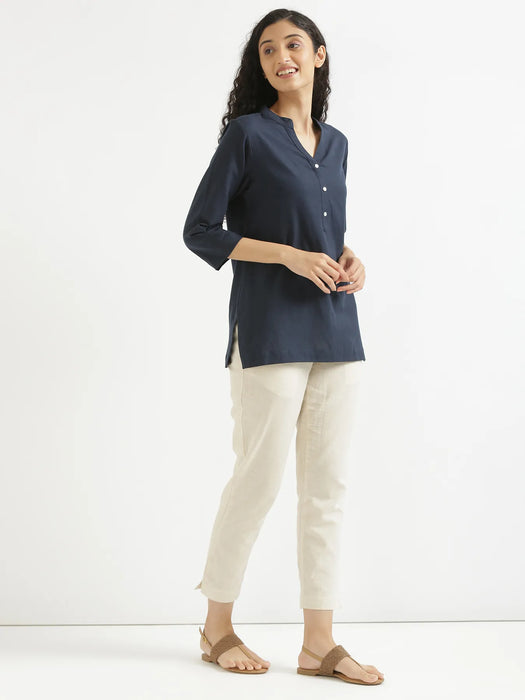 Women Navy Blue Airy Linen Short Kurta