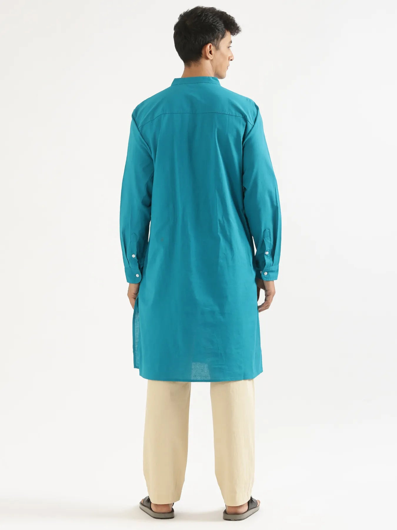 Men Teal Airy Linen Long Kurta
