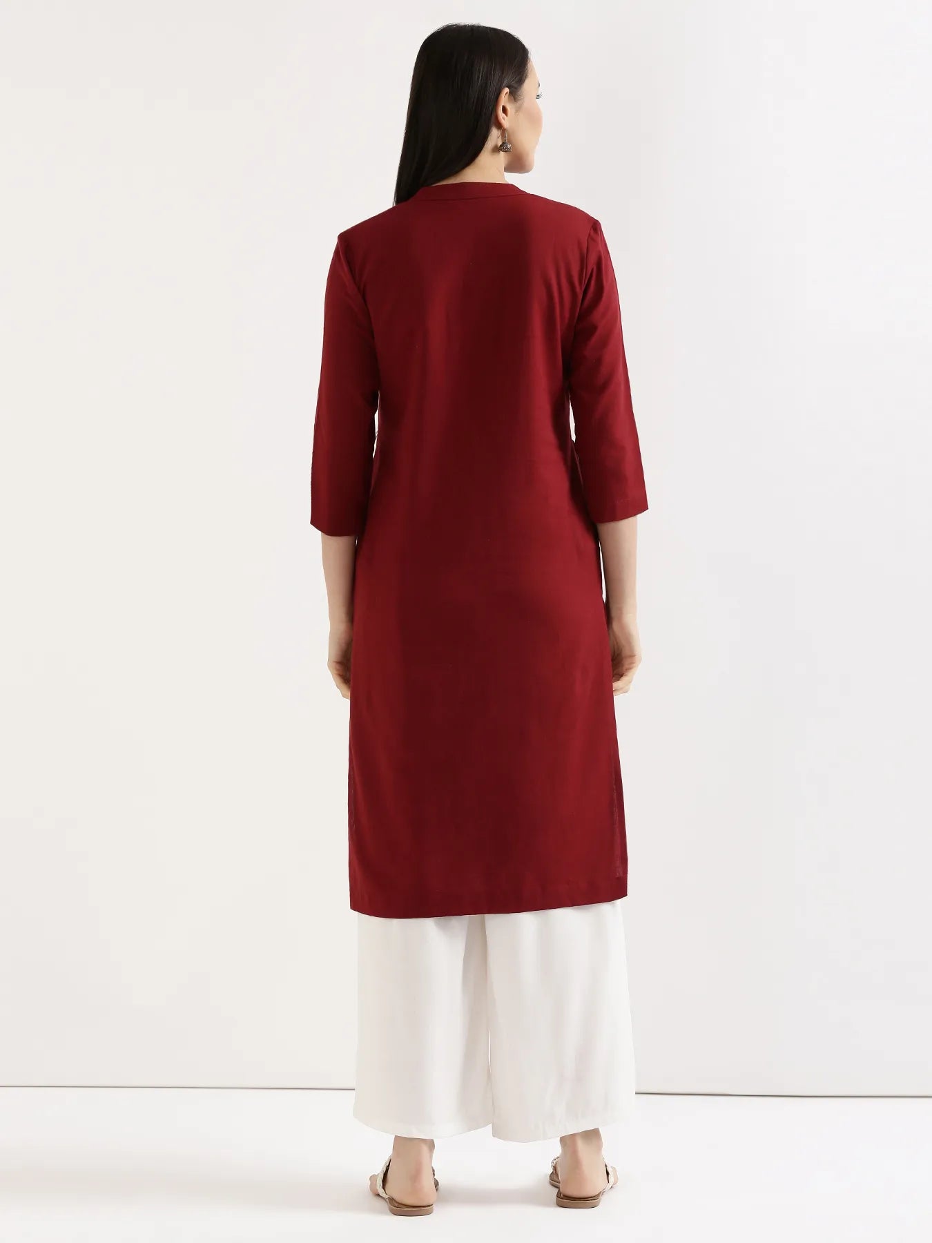 Women Maroon Airy Linen Long Kurta & White Viscose Palazzo Pant Set