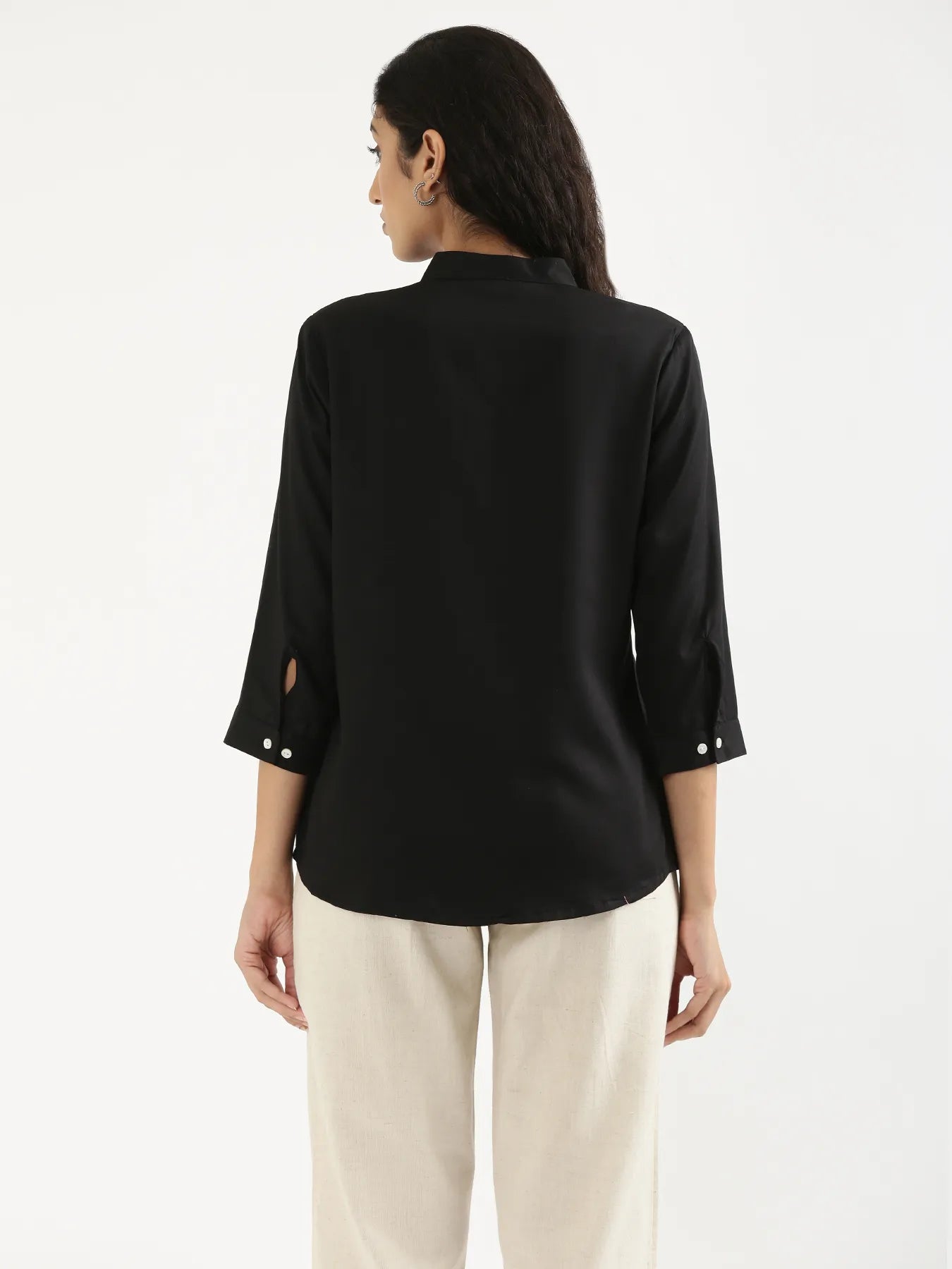 Women Black Viscose Pleated Top