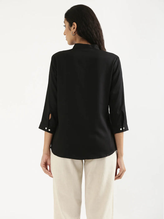 Women Black Viscose Pleated Top