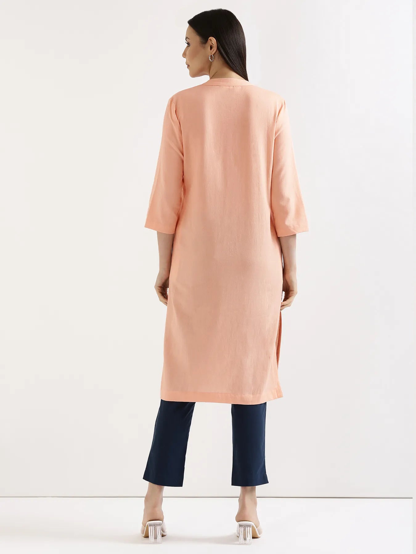 Women Peach Airy Linen Long Kurta