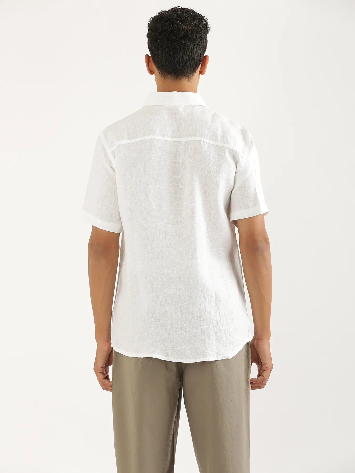 Men White Pure Linen Short Sleeve Shirt