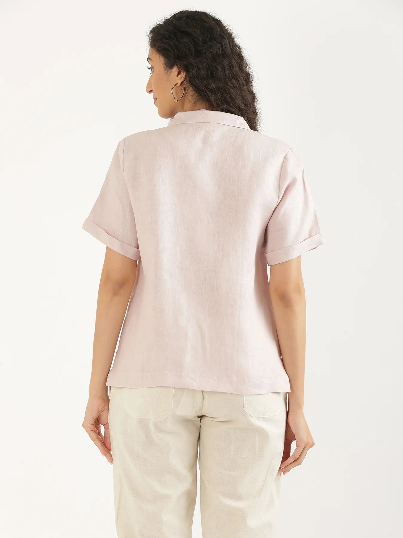 Women Light Pink Pure Linen Notch Collar Shirt