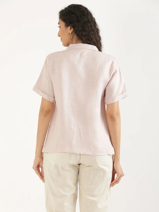 Women Light Pink Pure Linen Notch Collar Shirt