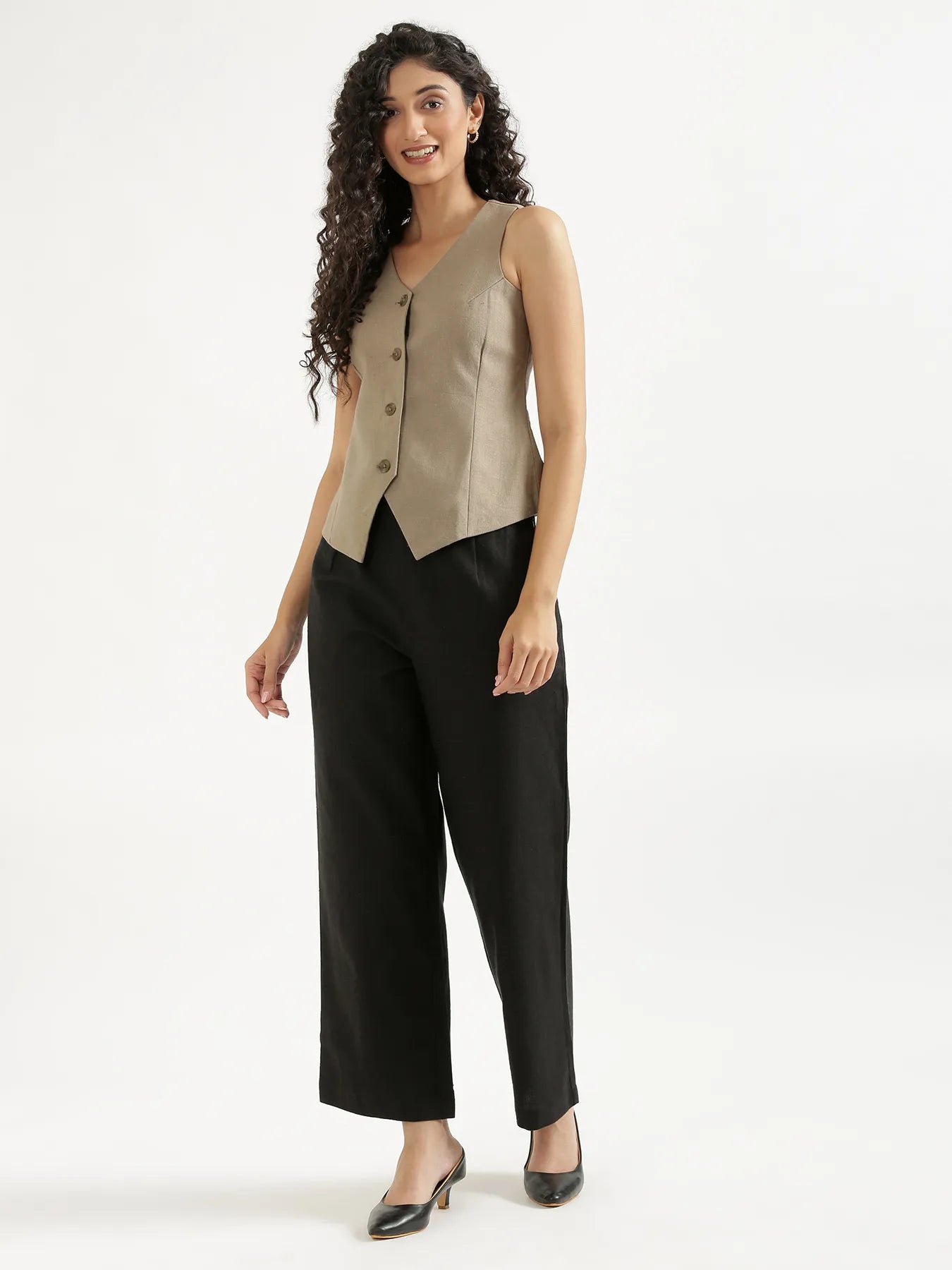 Women Black Linen Blend Wide Leg Pant