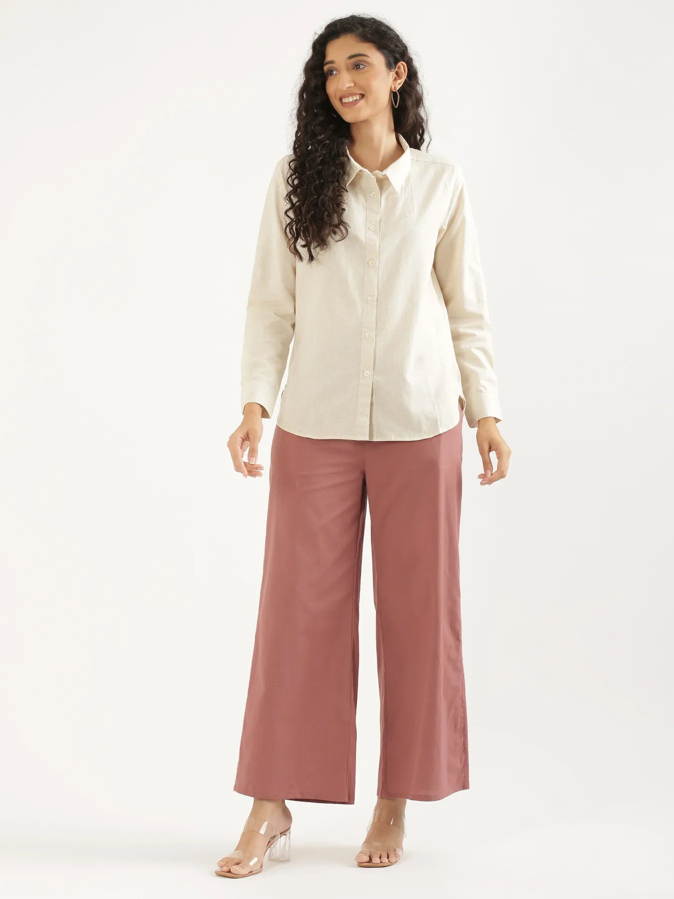 Women  Rose Taupe Airy Linen Wide Leg Pant
