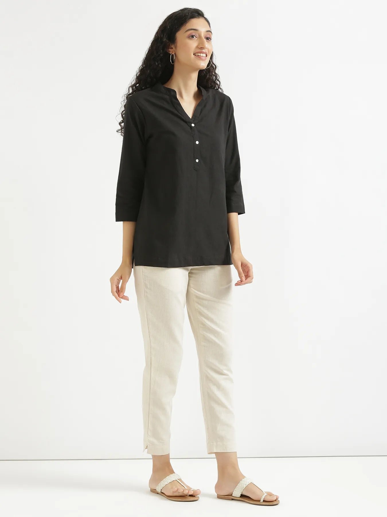 Women Black Airy Linen Short Kurta