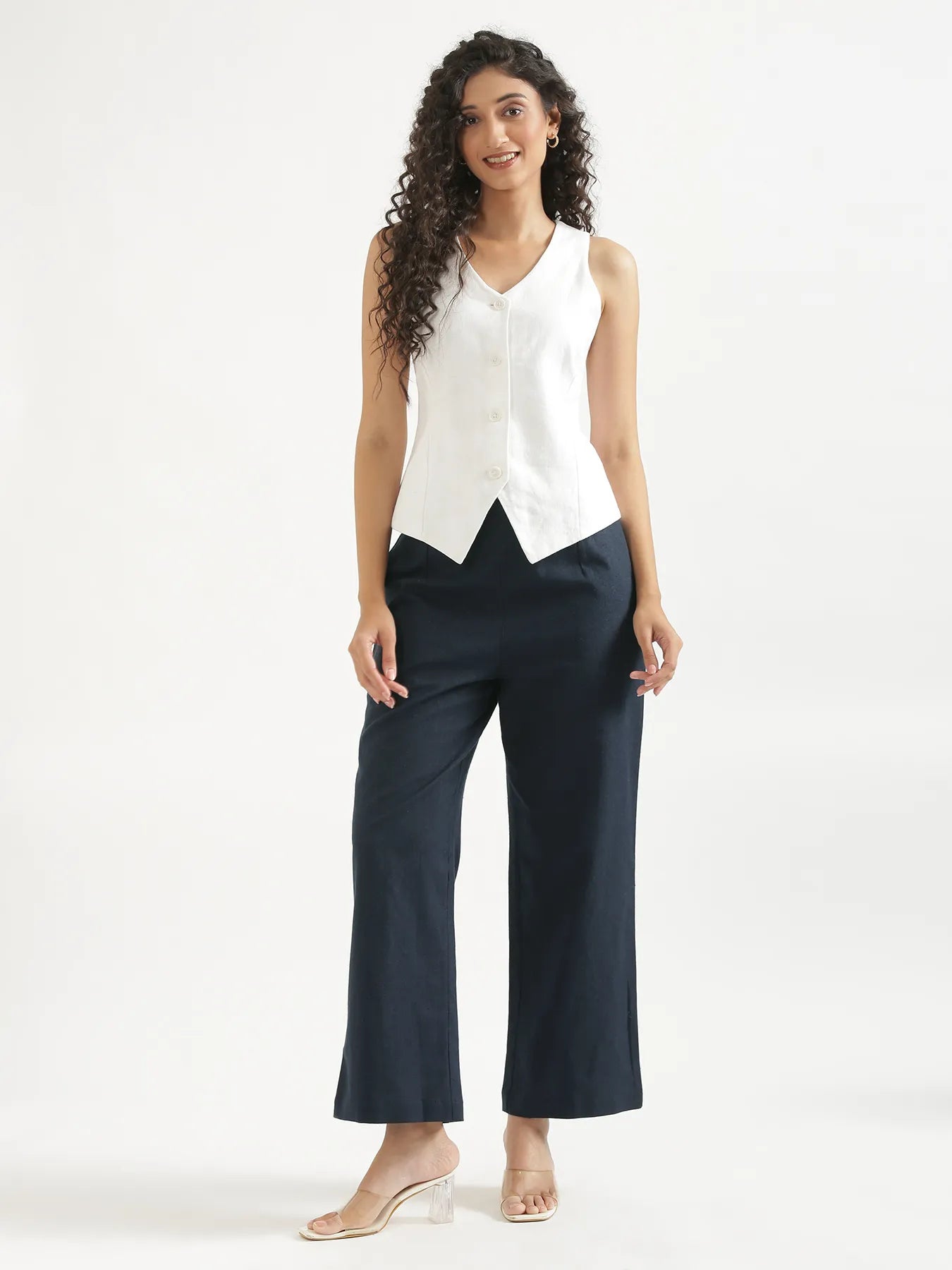Women Navy Blue Linen Blend Wide Leg Pant