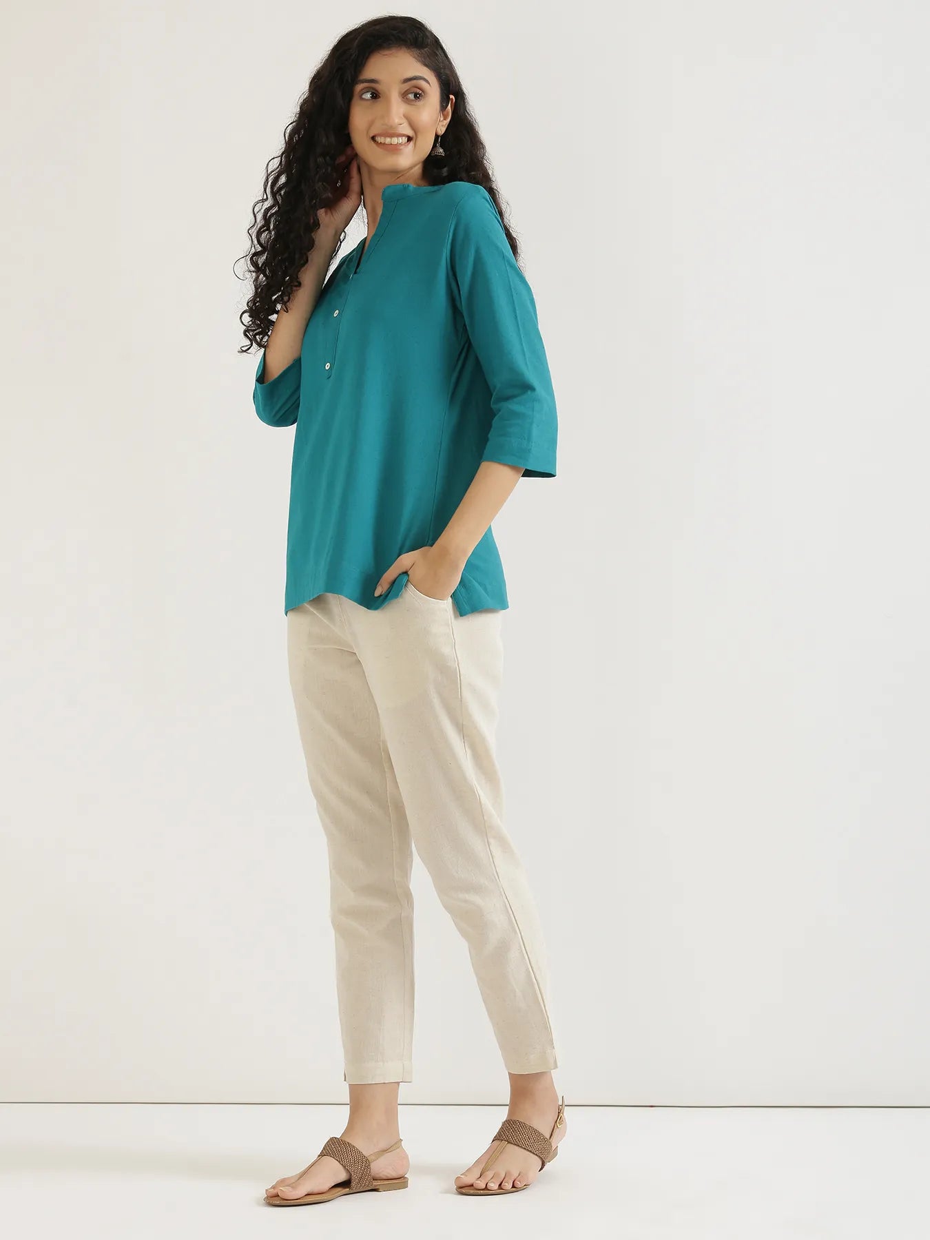 Women Teal Airy Linen Short Kurta