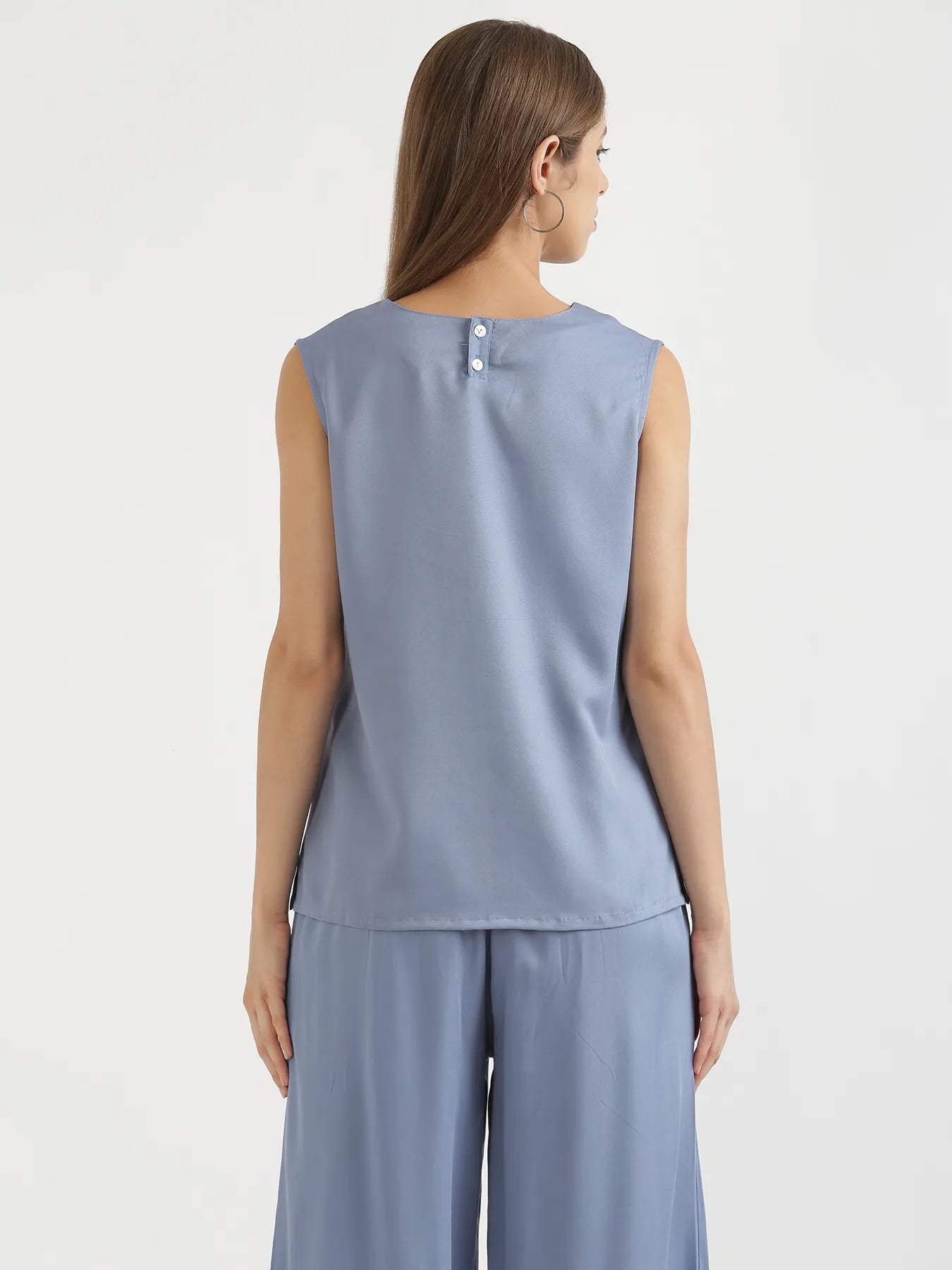 Women English Blue V-Neck Sleeveless Top