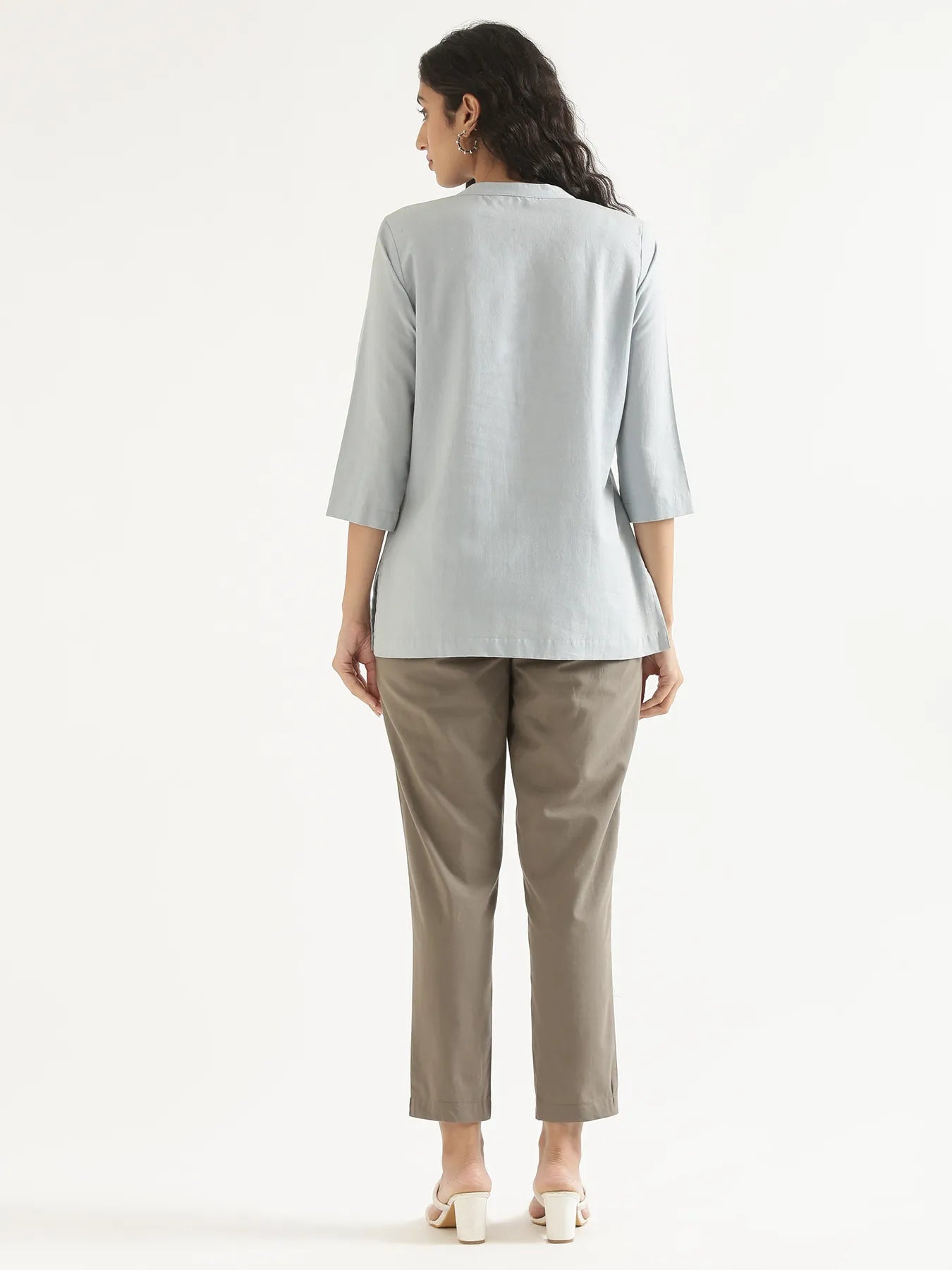 Women Sky Blue Airy Linen Short Kurta & Grey Cotton Pant Set