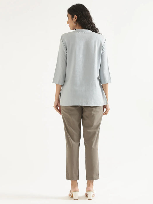 Women Sky Blue Airy Linen Short Kurta & Grey Cotton Pant Set