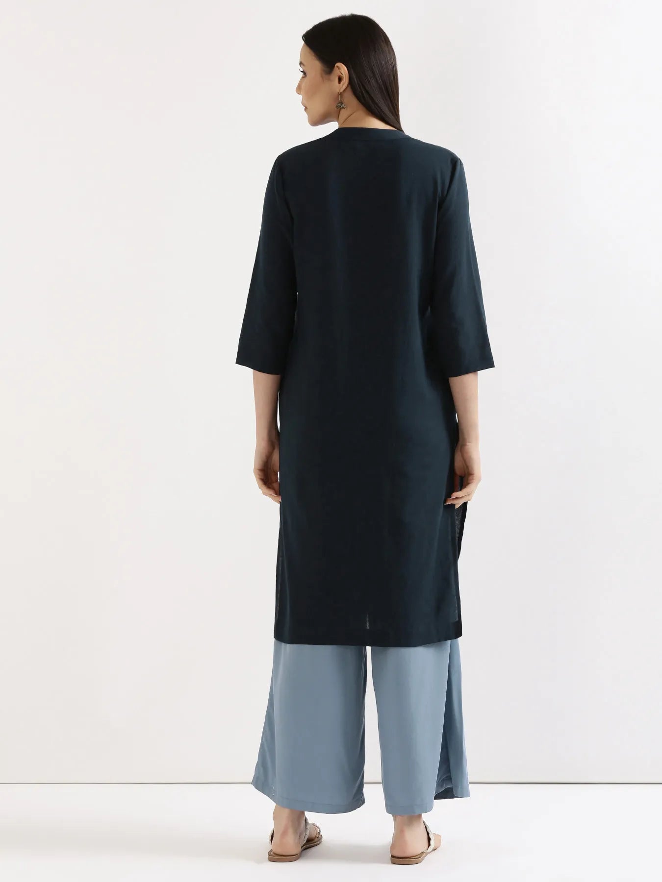 Women Navy Blue Airy Linen Long Kurta