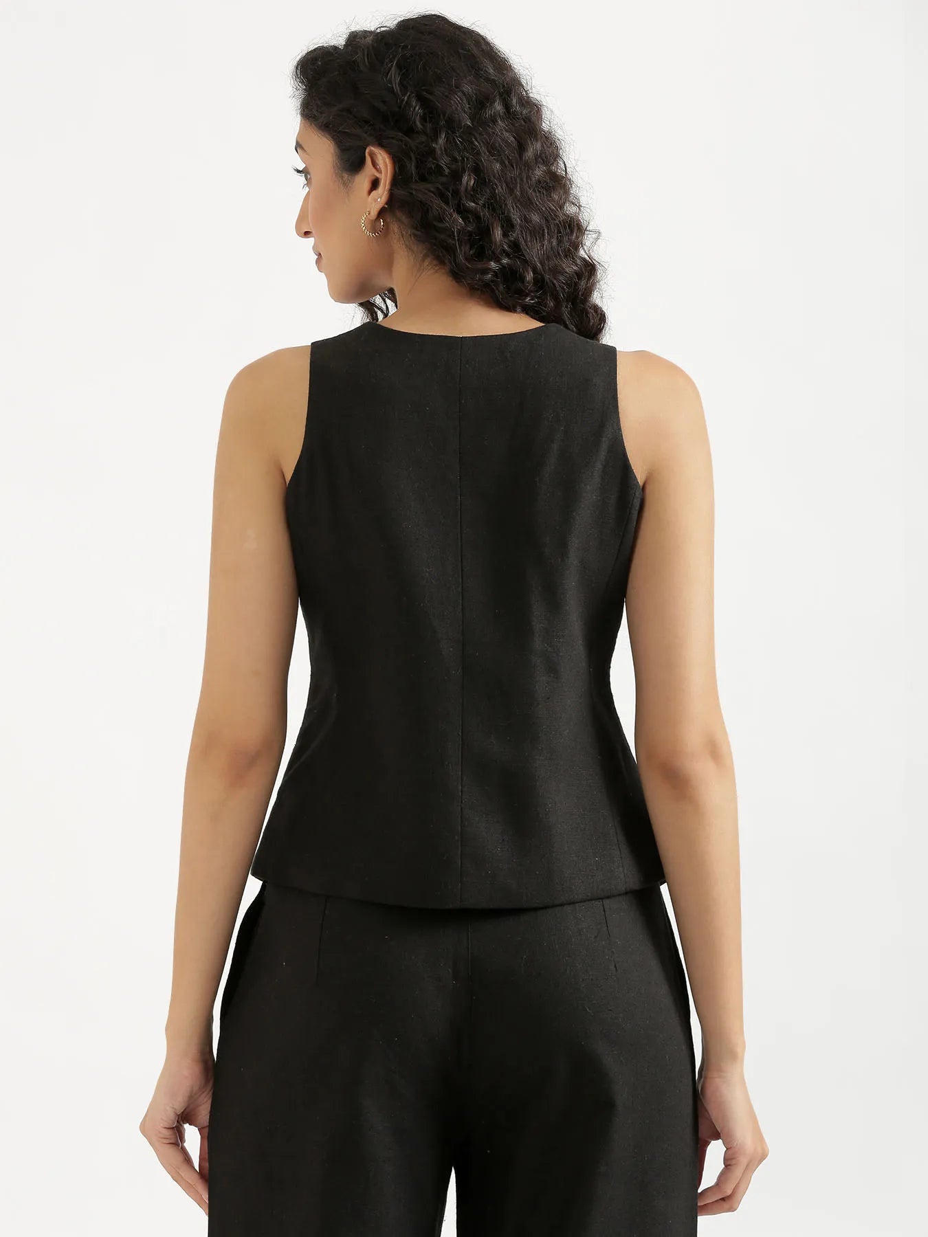 Women Black Linen Blend Waist Coat