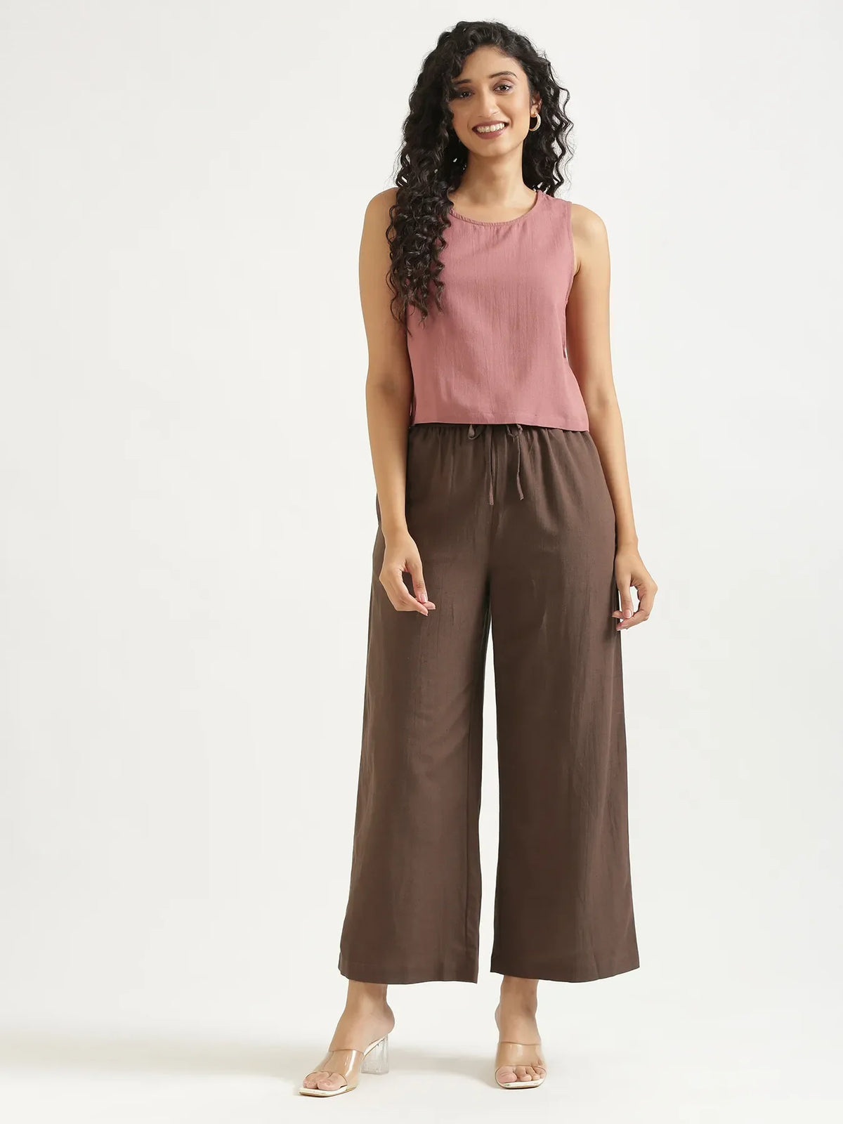 Women Dark Brown Flowy Linen Wide Leg Pants