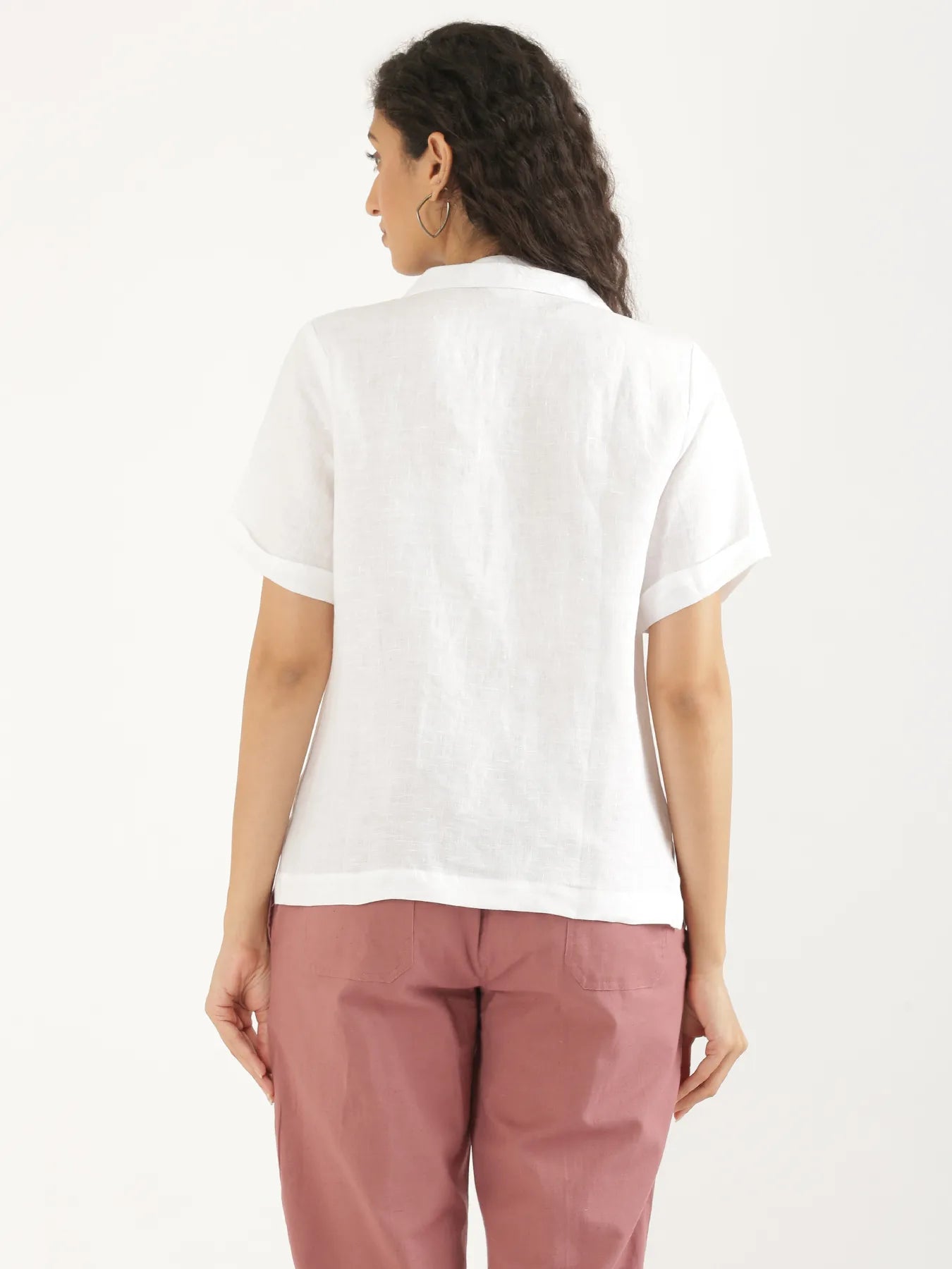 Women White Pure Linen Notch Collar Shirt