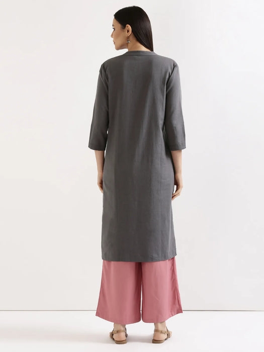 Women Slate Grey Airy Linen Long Kurta & Rose Viscose Palazzo Pant Set