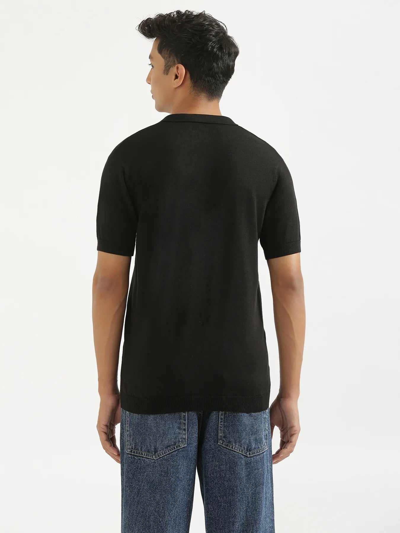 Men Black Flat Knit Collared T-shirt
