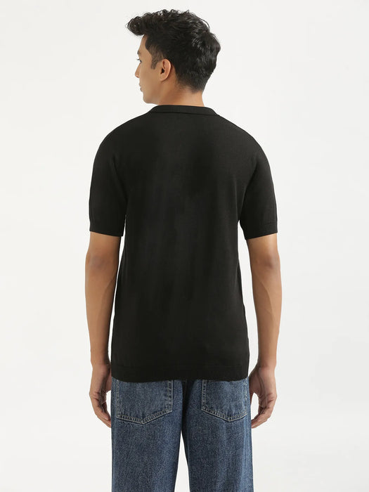 Men Black Flat Knit Collared T-shirt