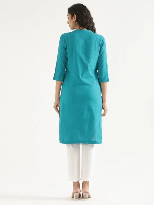 Women Teal Airy Linen Long Kurta
