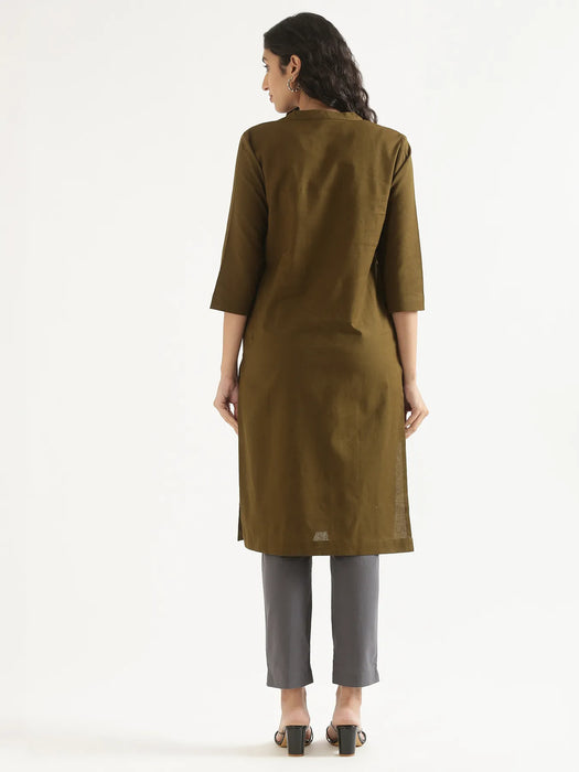 Women Olive Green Airy Linen Long Kurta & Cement Grey Cotton Pant Set