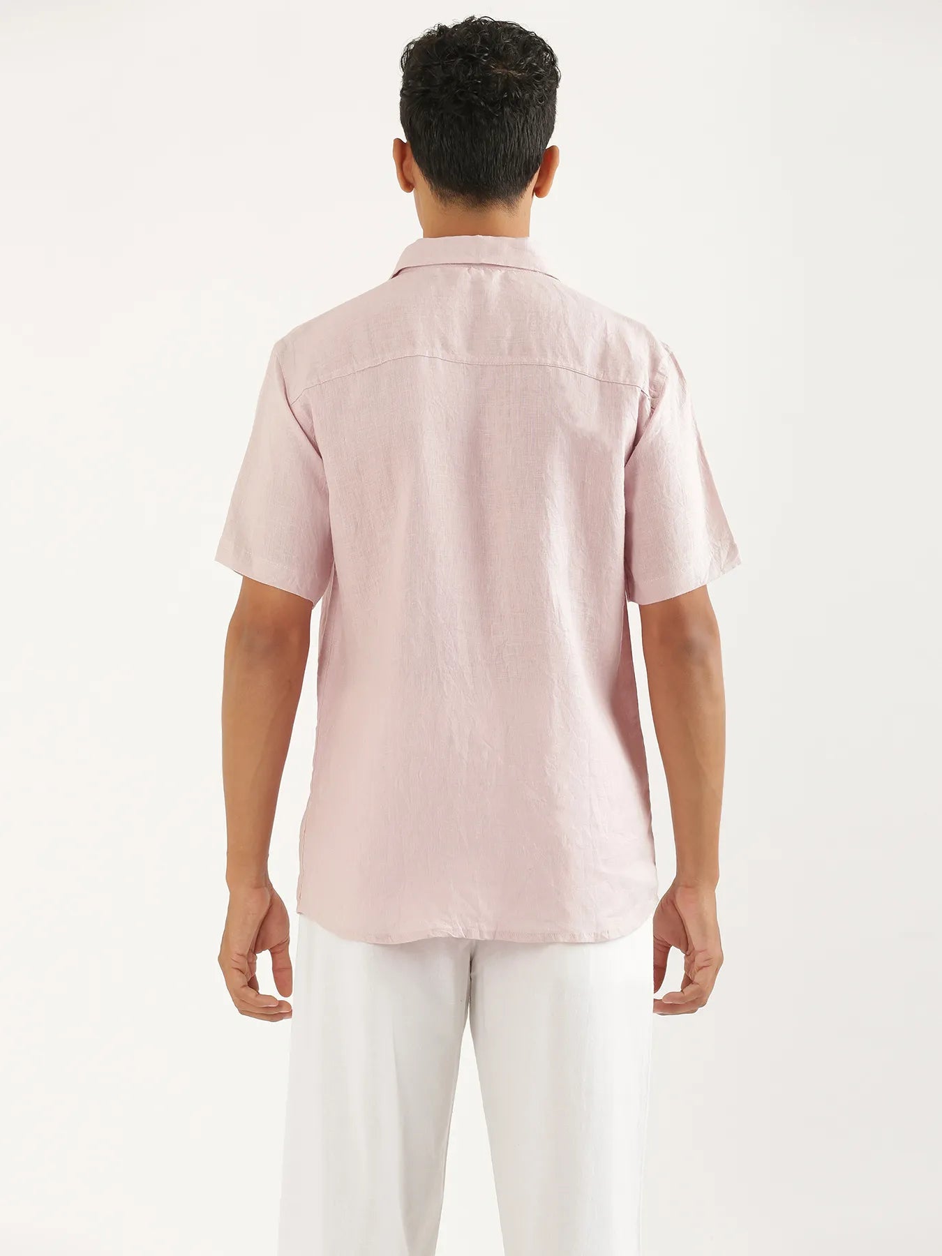 Men Light Pink Pure Linen Short Sleeve Shirt
