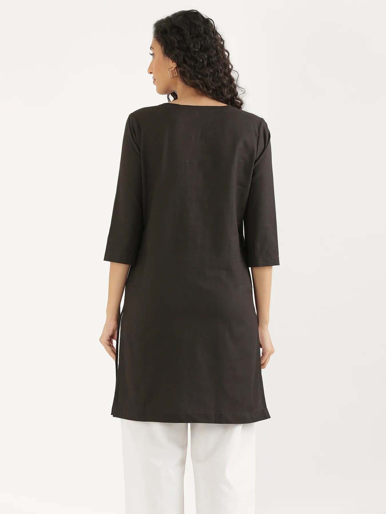 Women Black Airy Linen Mid Thigh Length Kurta