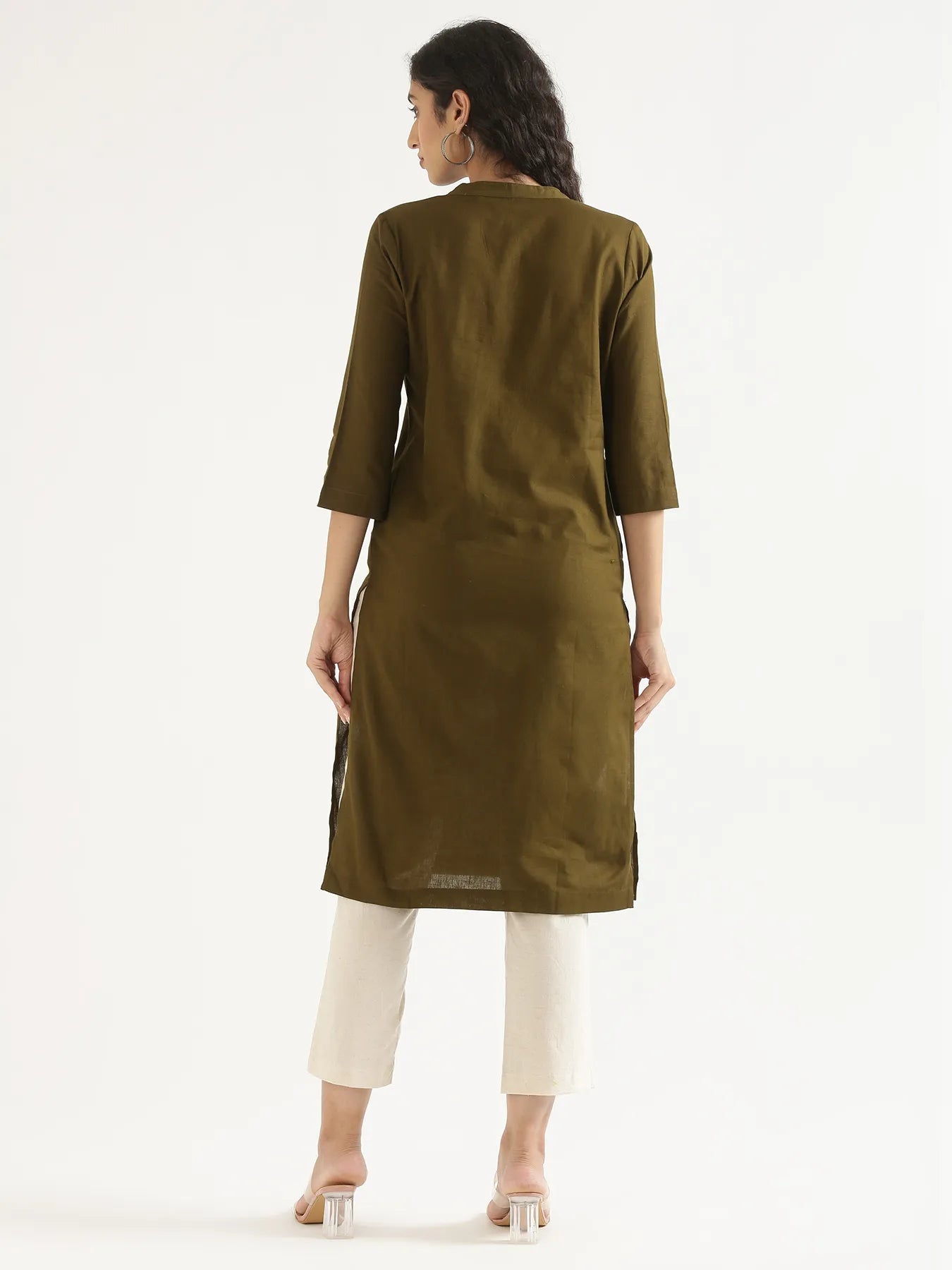 Women Olive Green Airy Linen Long Kurta