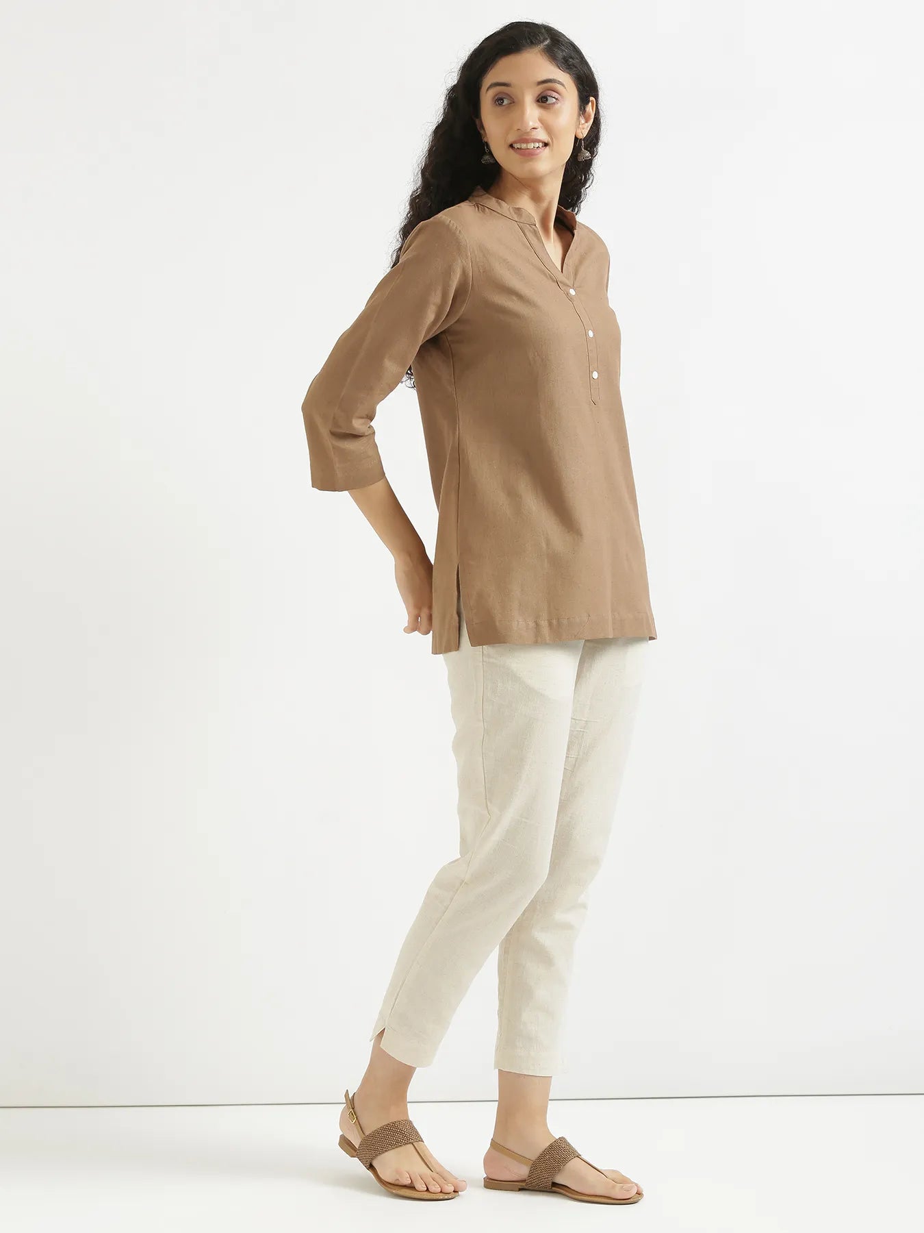 Women Coffee Brown Airy Linen Short Kurta