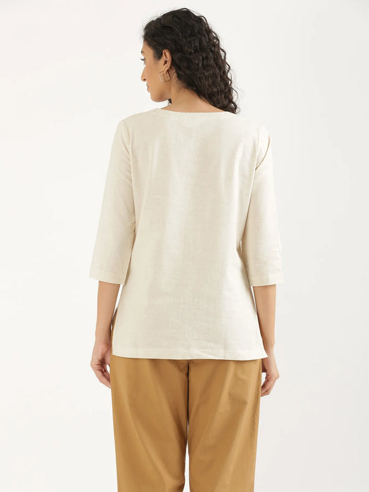 Women Ecru Airy Linen Split Neck Short Kurta