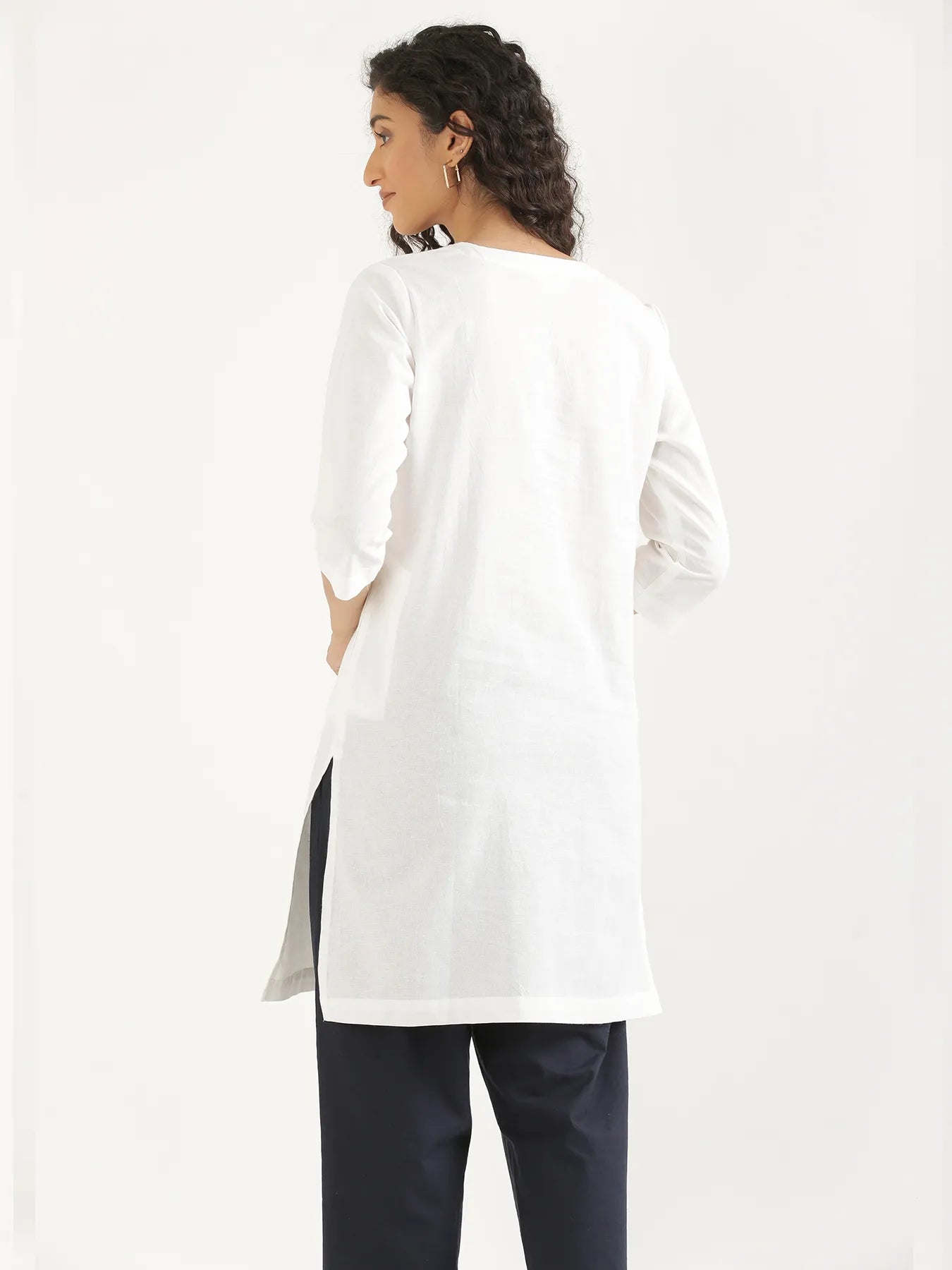 Women White Airy Linen Mid Thigh Length Kurta