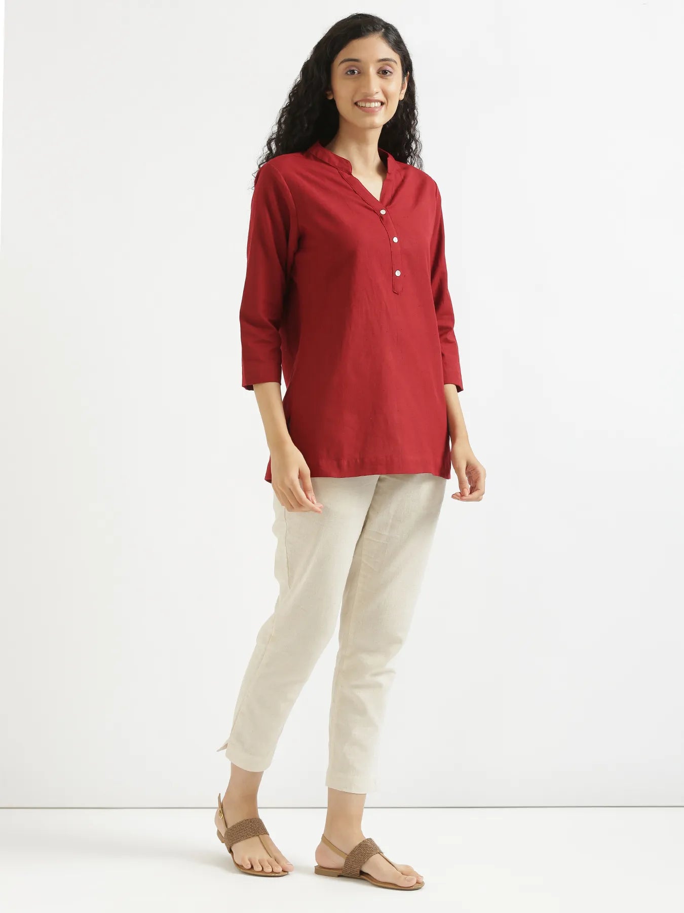 Women Maroon Airy Linen Short Kurta