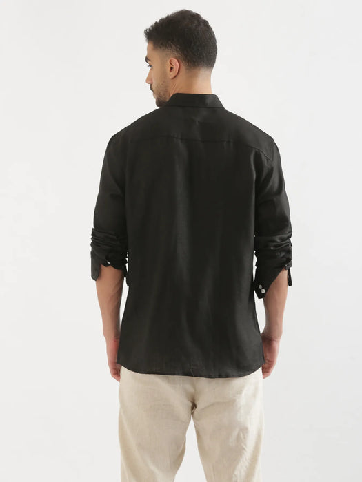 Men Black 100% Full Sleeve Linen Shirt